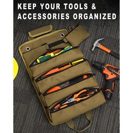 Roll Up Tool Bag Organizer, Gifts for Men Dad Husband Him Christmas Stocking Stuffers, Heavy Duty Storage Pouches Carrier Bag for Electrician Mechanic Thanksgiving Fathers Day Birthday Gifts (Khaki)