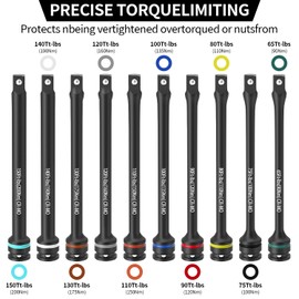 Wakuka 1/2" Drive Torque Limiting Extension Bar Set, 10-Piece Impact Extension Torque Limiter Set with CR-MO & 8 inch Color-Coded 65 to 150 Ft-LbsTorque Sticks for Safely Locking Lug Nuts