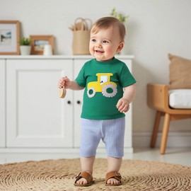 Infant Toddler Baby Boy Summer Clothes Short Sleeve Tractor Shirts with Plaid Shorts Set 2Pcs Farmer Outfit (Green, 6-12 Months)