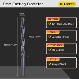 CoCud Drill Bit, 8mm Cutting Diameter, 4241 HSS Nitriding Black 118° Cutting Angle Versatile Jobber Bits - (Applications: for Drilling Plastic Wood Soft Metal), 10-Pieces