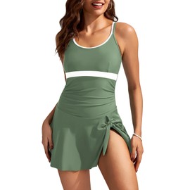Kate Kasin Women's One Piece Swimdress U Neck Tummy Control Bathing Suit Vacation Beachwear Swimsuit(Army Green,L