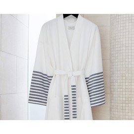 Kimpton Style Striped Turkish Robe - One Size Fits Most - Long Bath Robe - White with Blue Accent Stripes