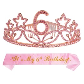 6th Birthday Sash and Tiara for her- Fabulous Glitter Sash + Stars Rhinestone Pink Premium Metal Tiara for her, 6th Birthday Gifts for Princess Party for Girls