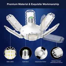 SANSI Garage Lights, 600W Equiv.Garage Lighting Ceiling LED，60W Super Bright Shop Light for Workshop, E26 5000K Daylight Screw in Bulbs with 6+1 Adjustable Panels, ETL Certified for Storage Room