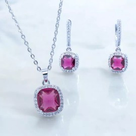 Ruby Rhodium Plated Ruby Cubic Zirconia Square Pendant Necklace Earrings Se
