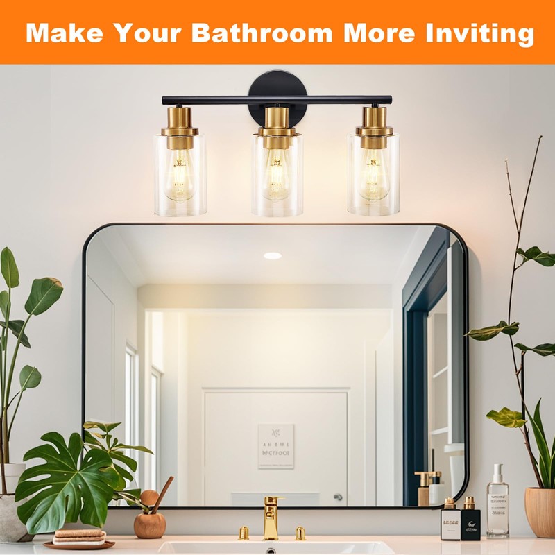DLLT 3-Light Bathroom Light Fixtures: Black and Gold Modern Vanity