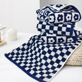 Jacquotha Navy Blue Hand Towels 2 Styles 4 Pack, Checkered & Floral Cute Towels for Bathroom Kitchen Decor Gym Travel, 100% Cotton