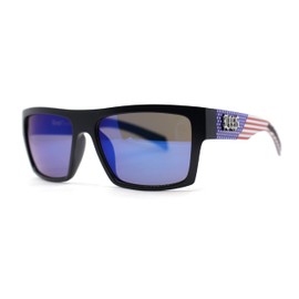 Locs Patriotic USA Flag Print Arm Flat Top Manly Sunglasses Matte Black Color Flag - Blue Mirror