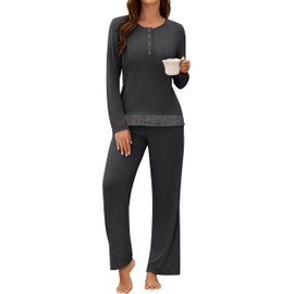 Blooming Jelly Womens 2 Piece Cute Pajama Set Ladies Soft Cozy Lounge Sets Comfy Matching Color Block Pjs Pockets (XL, Grey Black)