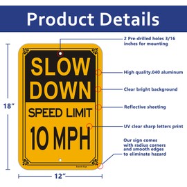 2-Pack Slow Down - Speed Limit 10 MPH Signs, Large Yellow 12"x18" Reflective Rust Free .040 Aluminum Metal Yard sign, Weather/Fade Resistant and Easy Mounting for Neighborhoods