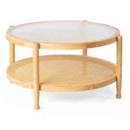 Unbranded Light Wood Boho Round Rattan Coffee Table w/ Glass Top for Indoor or Outdoor