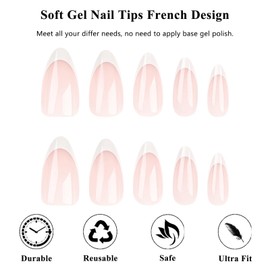 French Tip False Nails - Almond Press on Nails Long - 24Pcs Elegant Nude Base French Nails - Soft Gel Long nails Fake Nails with Glue - Reusable Stick on Nails for Woman Girls