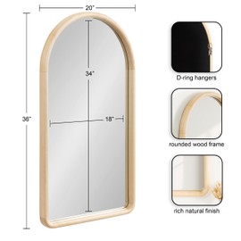 Kate and Laurel Talma Boho Tall Arched Wall Mirror, 20 x 36, Natural, Modern Arch Mirror with Solid Poplar Wood Frame and Rounded Frame Profile