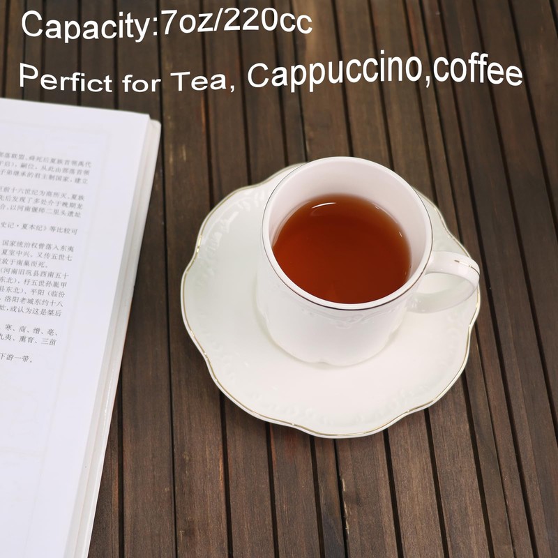 GuangYang 7oz Fine Porcelain Tea Cups and Saucers Set with