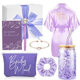 Irenare 8 Pcs Bridesmaid Proposal Gifts Set Robes Makeup Bag Cup Cards Hair Tie Bracelet Diamond Pen Maid of Honor Gift Box (Light Purple)