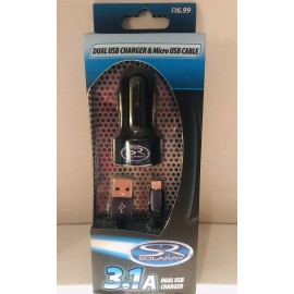 Solaray 3.1A Dual USB Car Charger Black Blue Model with Micro USB Cable