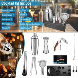 Cocktail Shaker Set with Stand,Cocktail Kit,Bartender Kit with 10 Piece Bar Tool Set,Matini Shaker,Mixing Spoon,Jigger,Strainer,Muddler,Corkscrew for Barware Set and Other Bar Tools (Black Bamboo)