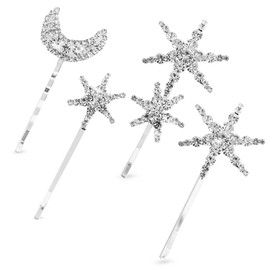 Qroza Hair Pin, 4-Piece Set, Star, Moon, Silver, Moon, Sparkle, Elegant, Wedding, Wedding, Hair Arrangement, Hair Clip, American Pin, Headdress