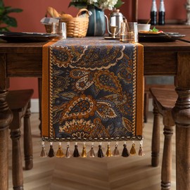Vintage Floral Jacquard Table Runner with Multi-Color Tassels Luxury French Farmhouse Spring Table Runners Orange for Home Decor Dining Kitchen Living Room Coffee Tables 71"