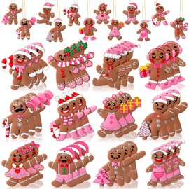 Lunmon 36 Pcs Gingerbread Christmas Ornaments PVC Pastel Pink Gingerbread Man Ornaments Candy Cane Tree Decorations Cute Xmas Hanging Cutout Christmas Decorations for Tree Home Indoor Party (Girly)