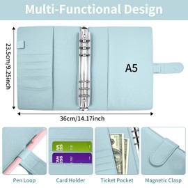 ROEOWENE A5 Ring Binder 6 Hole Refillable Binder Notebook Ring Binder Cover PU Leather Loose Leaf Notebook Budget Compatibility with Budget Sheets, Binder Pockets, Binding Card Collector, Photo Card