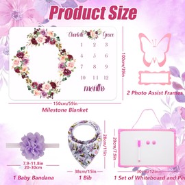 NCTDSUKAY Monthly Milestone Blanket Forbaby Girl :Milestone Blanket（Purple 60x40 Inch）, Photo Assist Frame, Saliva Towel, Erasable Writing Pad, Headband