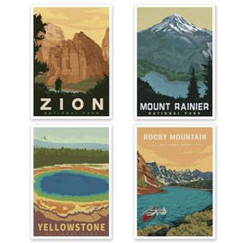America Zion Mount Rainier Yellowstone Rocky Mountain National Park Vintage Kraft Poster White Coated Painting Home Decoration 4 Poster/set (11.7X8.3 Coated)
