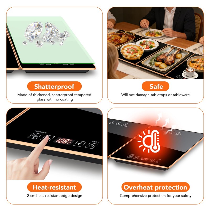 Electric Warming Tray（36.6x15x1inch） Glass Surface, 4-in-1 Food Warmers for Parties