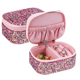 Biiange Mini Jewelry Case, Portable Jewelry Case Travel, Small Jewelry Organizer Box, Sequin PU Leather Storage Jewelry Box, Portable Zipper Case, for Rings Earrings Necklaces (1Pcs Pink)