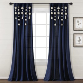 Lush Decor Boho Pom Pom Tassel Linen Window Curtain Panel (Single Panel), 84" L x 52" W, Navy