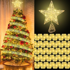 66FT Christmas Ribbon Lights Christmas Tree Topper Light, HEYUNG Christmas Star Tree Topper LED Light 5PCS Golden Xmas Ribbon Christmas Indoor Decoration Lamplight Kit for Holiday Party