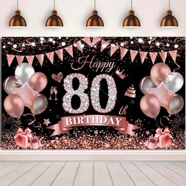 Yontree Happy 80th Birthday Banner 180 * 110cm Black Rose Happy 80th Birthday Banner Backdrop 80th Birthday Decorations for Girls Women, 80 Years Old Birthday Anniversary Party Supplies