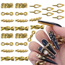 SILPECWEE 50pcs Gold Chain Nail Charms for Acrylic Nails 3D Metal Chain Buckle Twist Braided Chains Nail Art Charms Nail Decorations Hollow Out Woven Rings Nail Studs Punk Nail Accessories