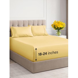 Extra Deep Pocket Queen Sheets - 4 Piece Breathable & Cooling Bed Sheets - Hotel Luxury Bed Sheet Set - Soft, Wrinkle Free & Comfy - Easily Fits Extra Deep Mattresses - Deep Pocket Yellow Sheets Set