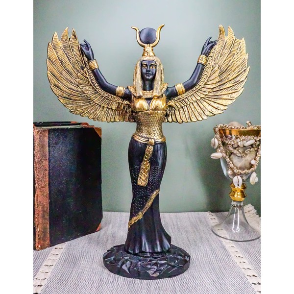 Ebros Gift Egyptian Goddess Isis Ra with Open Wings Statue 12" Tall Deity of Motherhood Magic Wisdom and Nature Home Decorative Sculpture Gods of Egypt Accent (Black and Gold)