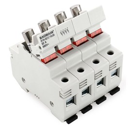 Baomain RT18-32 Fuse Holder Base with 10x20A Ceramic Fuses (10x38mm) – 4 Pole DIN Rail Mount, LED Indicator, CE Certified (20 Amp)