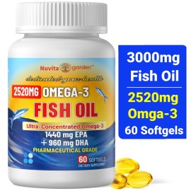 NUVITAGARDEN Fish Oil 2520 mg with 1440 mg EPA & 960mg DHA, Omega-3 Fish Oil Healthy Heart