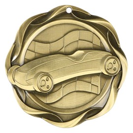 Decade Awards Racing Fusion Medal - Gold | Engraved Race Car Medal with Stars & Stripes Ribbon - 3 Inch Wide - Customize Now (Gold-SSNB)