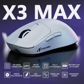ATTACK SHARK X3MAX - mouse inalámbrico para juegos, PixArt PAW3950, sensor de juegos de hasta 42 K DPI, 100 millones de micro, 49 g ligero trimodo (BT5.2/2.4 Ghz/cable) ratones con cable en espiral,