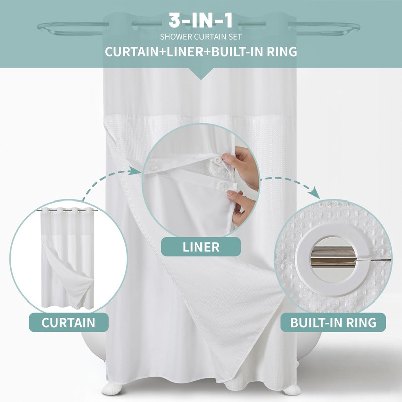 eachope Stall White No Hook Waffle Weave Shower Curtain with