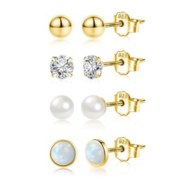 ALEXCRAFT Gold Silver Earrings Small Stud Earrings Set Women's Small Stud Earrings Set Hypoallergenic Sterling Silver Earrings Small Ball Beads Opal Zirconia Small Earring Set for Multiple Piercings,