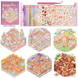 Purple Fun Large 3D Miniature Scene 6 Sets of Stickers,DIY House Sticker with Tweezers Make Your Own Cute Cartoon Sticky Pack for Adults Girls Relief Stress Pass The Time,Party Favors Birthday Gift