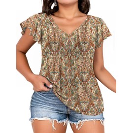 Plus Size Womens Tops Fashion V Neck Shirts Flowy Ruffle Short Sleeve Going Out Pleated Floral Print Tunics 2X