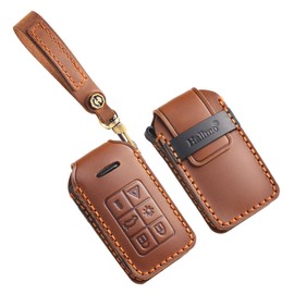 HIBEYO 6 Button Leather Key Fob Cover Compatible with Volvo S60 S80 V40 V60 V70 XC60 XC70 Accessories Genuine Leather Key Case with Keychain-B Type 6 Button Brown