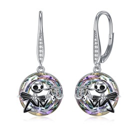 LILALO Jack Skellington Earrings Sterling Silver Crystal Jack and Sally Zero Earrings Jack Skellington Jewelry for Women Jack and Sally Drop Earring Skull Earrings Circle Crystal Gifts, Christmas