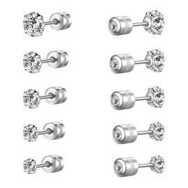 Titanium Steel Cubic Zirconia Stud Earrings for Women Men Hypoallergenic 316L Surgical Stainless Steel Multipack Dainty Silver Screw Flat Back CZ Studs Set for Sensitive Ears Lobe Cartilage Helix
