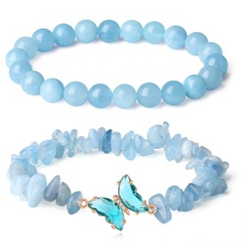 GUJOXILA 2pcs Aquamarine Crystal Beaded Bracelets for Womens Healing Bracelet Layered Butterfly Bow Gemstone Bead Ladies Girls Bracelets Protection Lucky Blue Bracelet Gifts