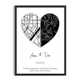 Geschenk Geteiltes Herz Hochzeit Bild personalisiert mit Landkarten und Namen | schwarz weiss | beste Freundin bleibst du immer | Herz-Kunst für Paare, Mann & Frau | Geschenkideen
