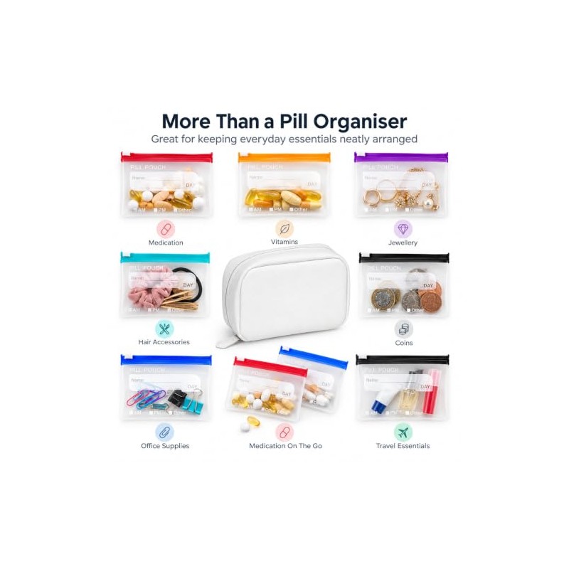 Waterproof Travel Pill Organizer,14 Pouches&Medical Information Card White