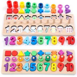 BEKILOLE Wooden Montessori Toys for Kids Toddler Number Puzzles Sorter Counting Shape Stacker Stacking Game Preschool Toys for Boy Girl Learning Education Math Blocks 1 Year Old Girl Gifts (Rainbow)